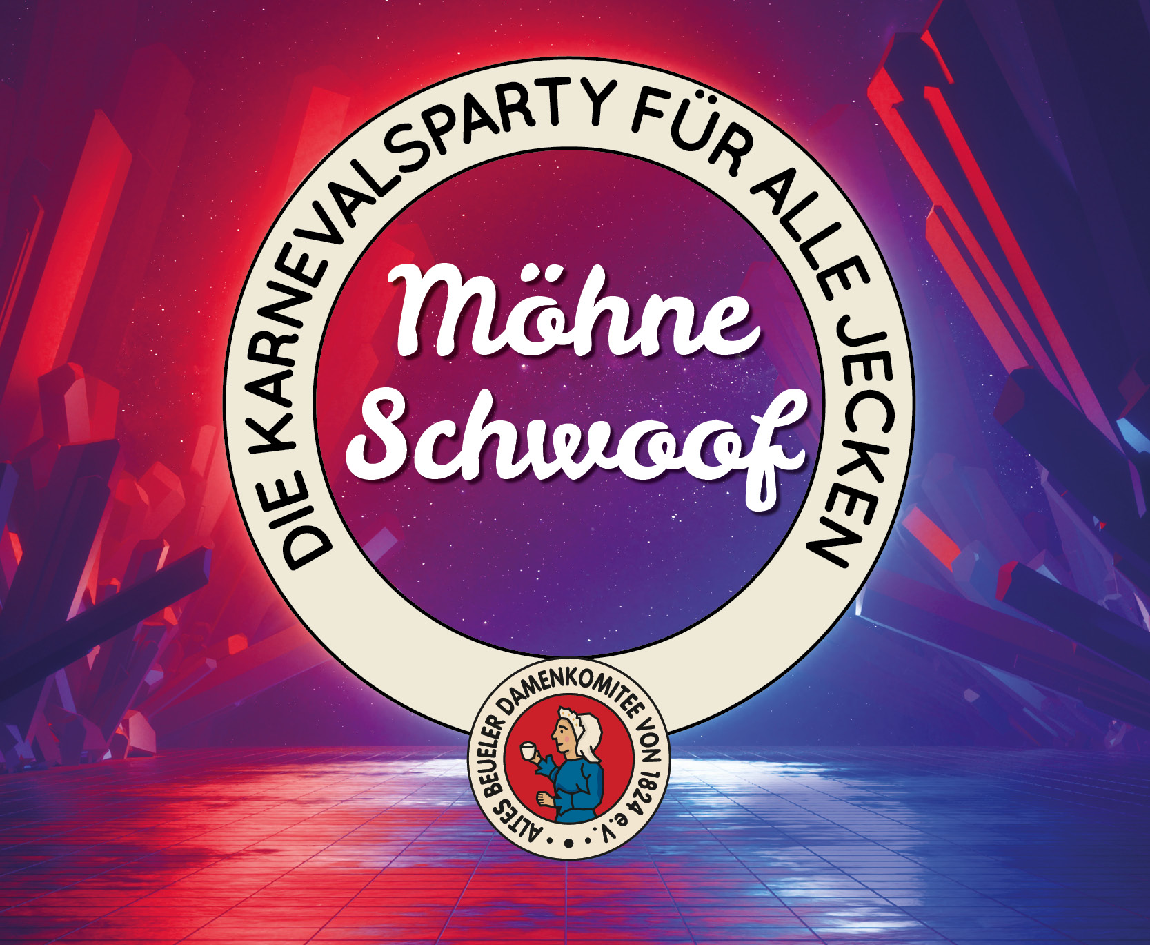 Eine bunte Grafik mit dem Text "Möhne Schwoof" und dem Logo des Alten Beueler Damenkomitees bewirbt eine Karnevalsparty.