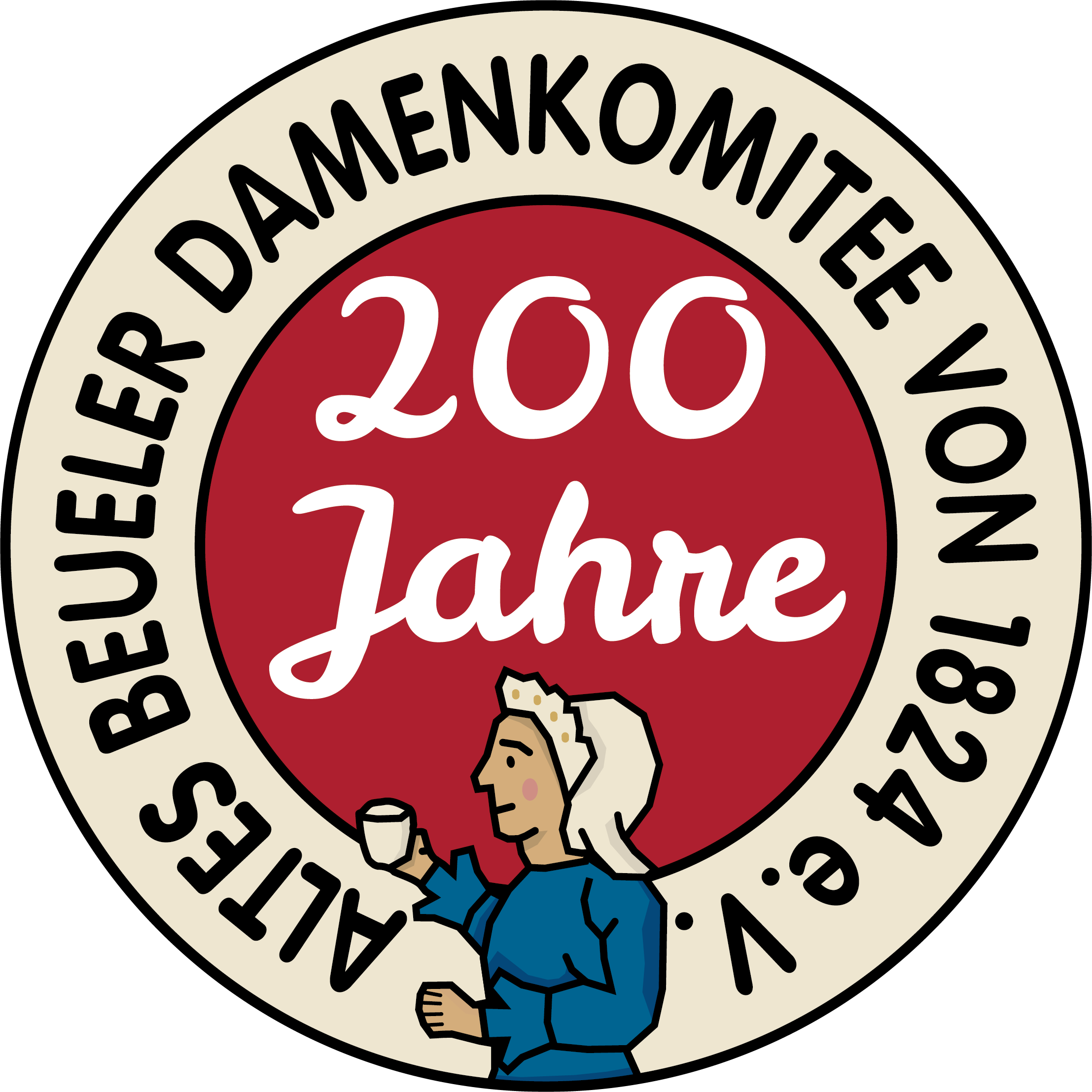 LOGO_ABDK_200 Das Jubiläumslogo des Alten Beueler Damenkomitees feiert 200 Jahre Tradition mit einer stilisierten Frau mit Tasse.