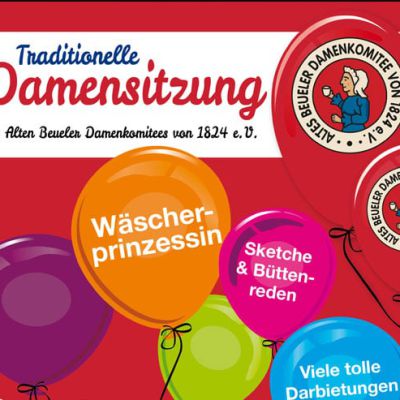 Bunte Luftballons mit Texten zur Damensitzung des Alten Beueler Damenkomitees schweben vor einem roten Hintergrund.